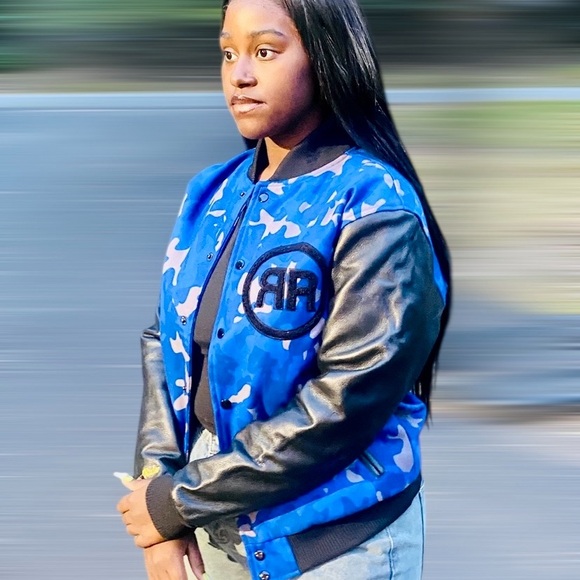 Blue and Black Custom Camouflage Men's Varsity Jacket. Size small,-2xl. - Picture 8 of 12